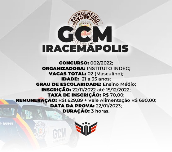 Concurso Iracemápolis: Abre 2 vagas para GCM